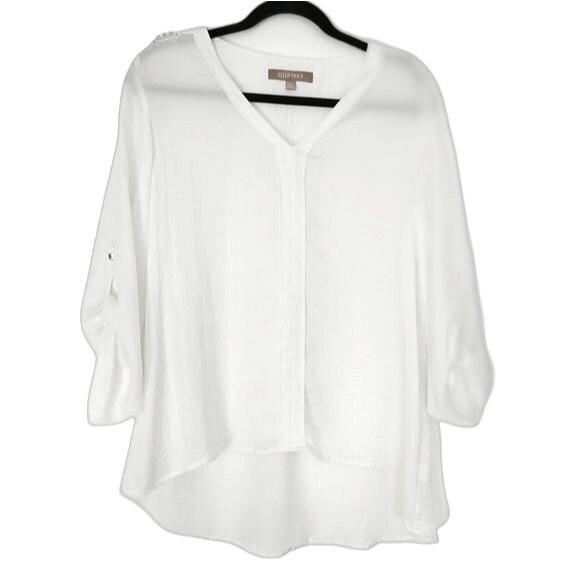 ELLEN TRACY Sheer White Long Sleeve V-Neck Blouse Gold Accents Loose size S - Picture 1 of 9